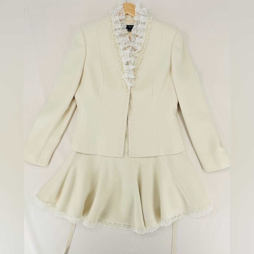 Albert Nipon Cream Lace-Trim Jacket & Skirt Set